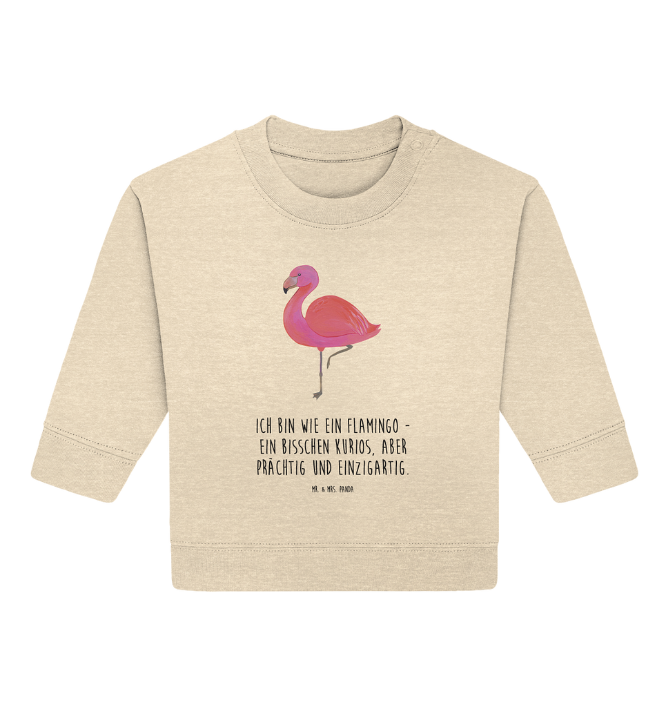 Organic Baby Pullover Flamingo Classic Wunderschöner Baby Pullover /Sweatshirt von Mr. & Mrs. Panda <br /><br />Material: <br />- 85 % Baumwolle (Bio-Qualität, ringgesponnen, gekämmt)<br />- 15 % Polyester (recycelt)</li><li>Grammatur: 280 g/m²<br />- Schnitt: normale Passform</li><li>Eingesetzte Ärmel<br />- Knopfleiste mit 1 gleichfarbigen Druckknopf und 1 verdeckten Druckknopf an Schulter für einfacheres Anziehen, Flamingo, Einzigartig, Selbstliebe, Stolz, ich, für mich, Spruch, Freundin, Freundinnen, Außenseiter, Sohn, Tochter, Geschwister