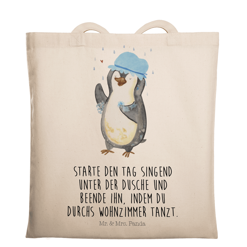 Tragetasche Pinguin duscht Beuteltasche, Beutel, Einkaufstasche, Jutebeutel, Stoffbeutel, Pinguin, Pinguine, Dusche, duschen, Lebensmotto, Motivation, Neustart, Neuanfang, glücklich sein