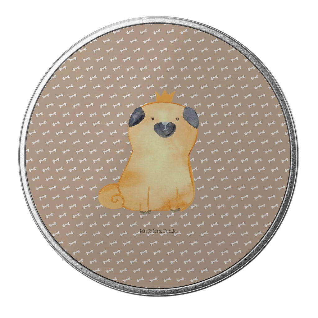okrągła puszka z blachy mops korona Pies, motyw psa, zwierzę domowe, rasa psa, miłośnik zwierząt, właściciel psa, powiedzenia