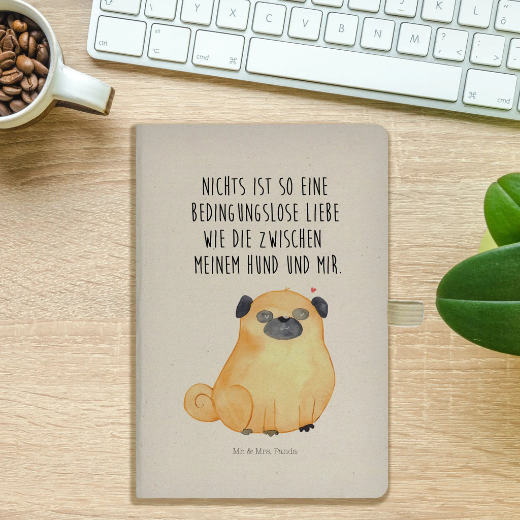 Bawełniany notatnik DIN A4 Mops Pies, motyw psa, zwierzę domowe, rasa psa, miłośnik zwierząt, właściciel psa, powiedzenia