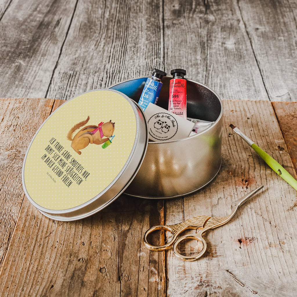 Round tin Squirrel smoothies storage, tin can, gift box, tin, storage tin, cookie tin, small animals, cute, funny, cute animal motives, hand drawn, small world, funny sayings, good mood, happy, gifts, gift ideas, special gifts, animal lover, card, chipmunks, Green smoothies, weight loss, squirrels, diet