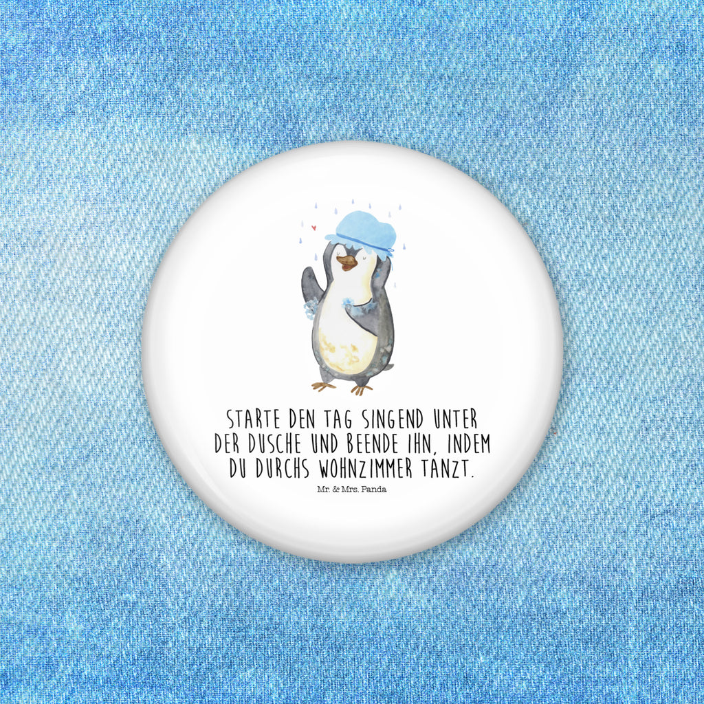 Button Pinguin duscht 50mm Button, Button, Pin, Anstecknadel, Pinguin, Pinguine, Dusche, duschen, Lebensmotto, Motivation, Neustart, Neuanfang, glücklich sein