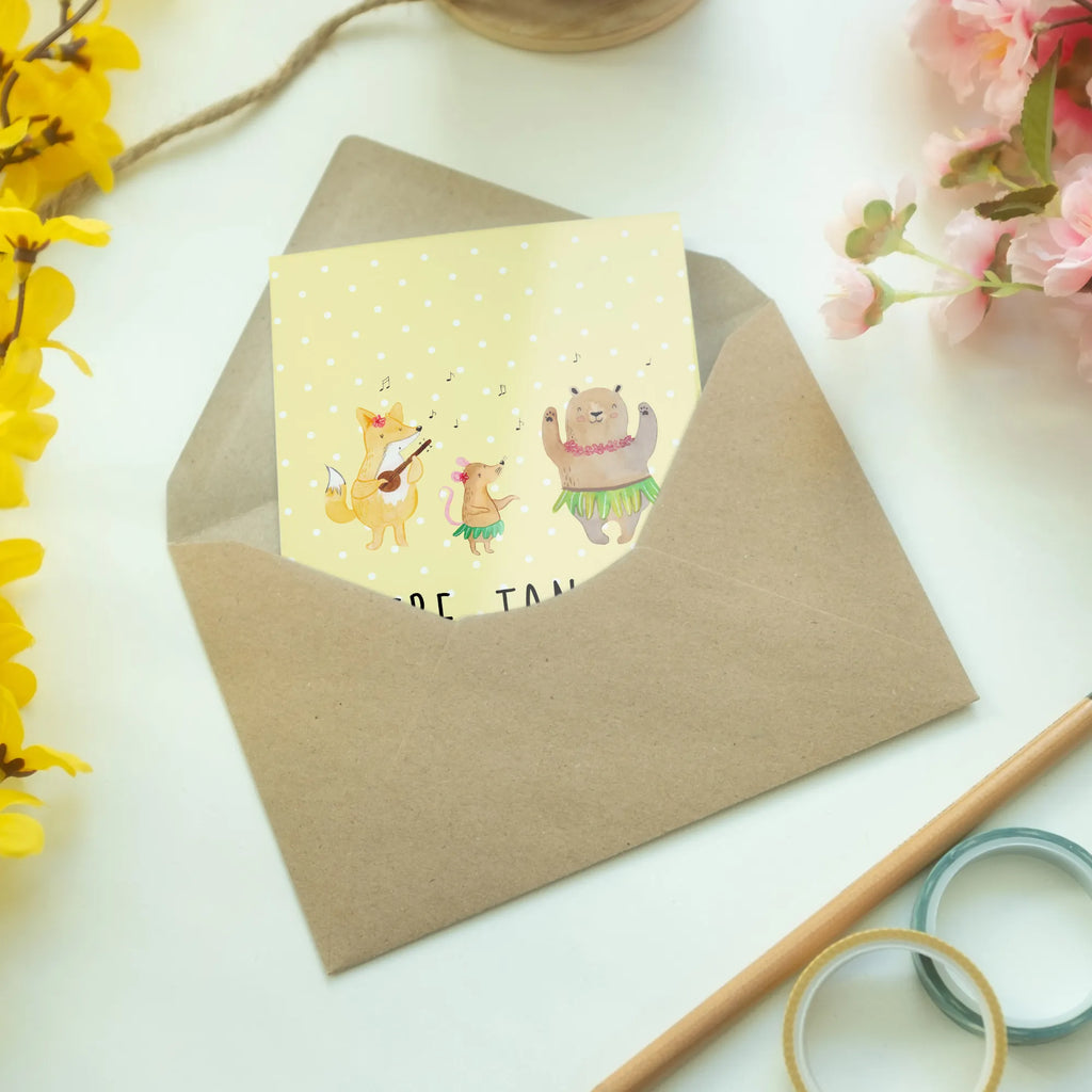 Greetings card forest animals Aloha folding card, greeting card, wedding card, birthday card, invitation card, small animals, cute, funny, cute animal motives, hand drawn, small world, funny sayings, good mood, happy, gifts, gift ideas, special gifts, animal lover, card, forest animals, bear, forest, dancing, aloha, music, life, laughter, rabbit, hedgehog