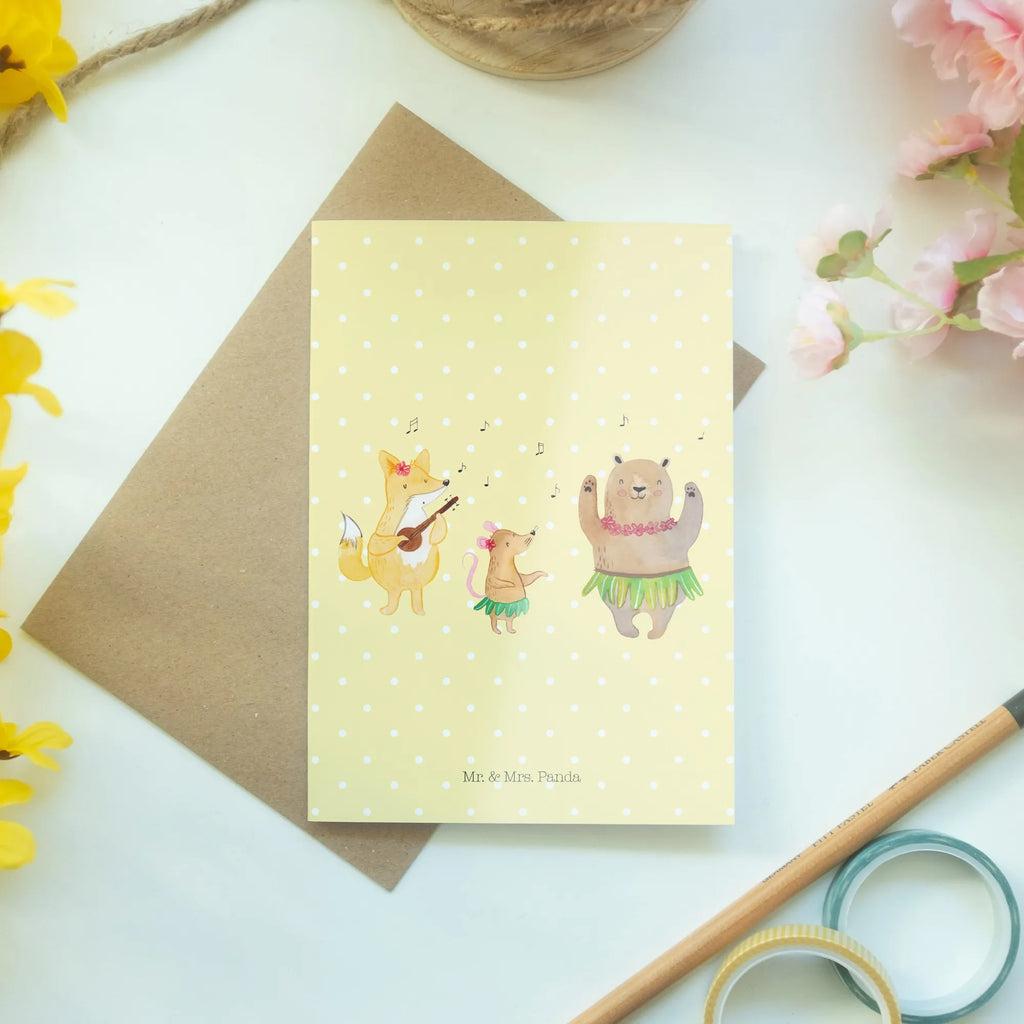 Greetings card forest animals Aloha folding card, greeting card, wedding card, birthday card, invitation card, small animals, cute, funny, cute animal motives, hand drawn, small world, funny sayings, good mood, happy, gifts, gift ideas, special gifts, animal lover, card, forest animals, bear, forest, dancing, aloha, music, life, laughter, rabbit, hedgehog