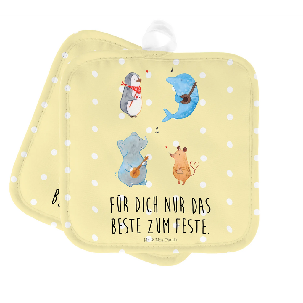2er Set Topflappen  Big Band Topflappen 2er Set, topfhalter, Topfuntersetzer, Topflappen, 2er Set Topflappen, Topfhandschuhe, Topflappenset, Topflappen Set, Lustige Sprüche, Tiere, Tiermotive, Gute Laune, Musik, Maus, Triangel, Gitarre, Elefant, Delfin, Pinguin, Hund, Band, Musikanten