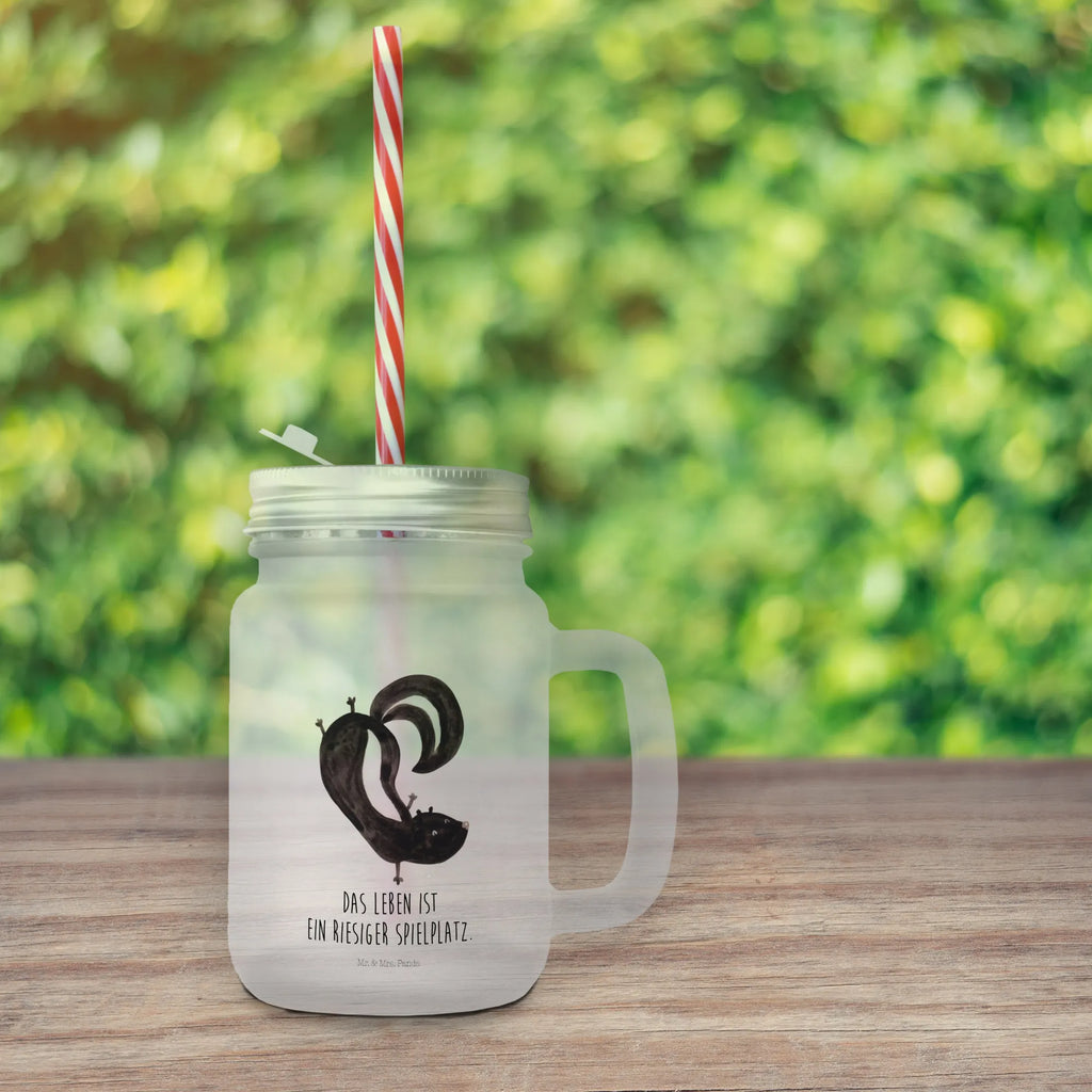 Mason jar drinking glass skunk handstand Mason Jar, cocktail glass, handle glass, preserving glass, drinking glass, glass, summer glass, Skunk, skunk, playground, playful, child, predator, wild animal, stink