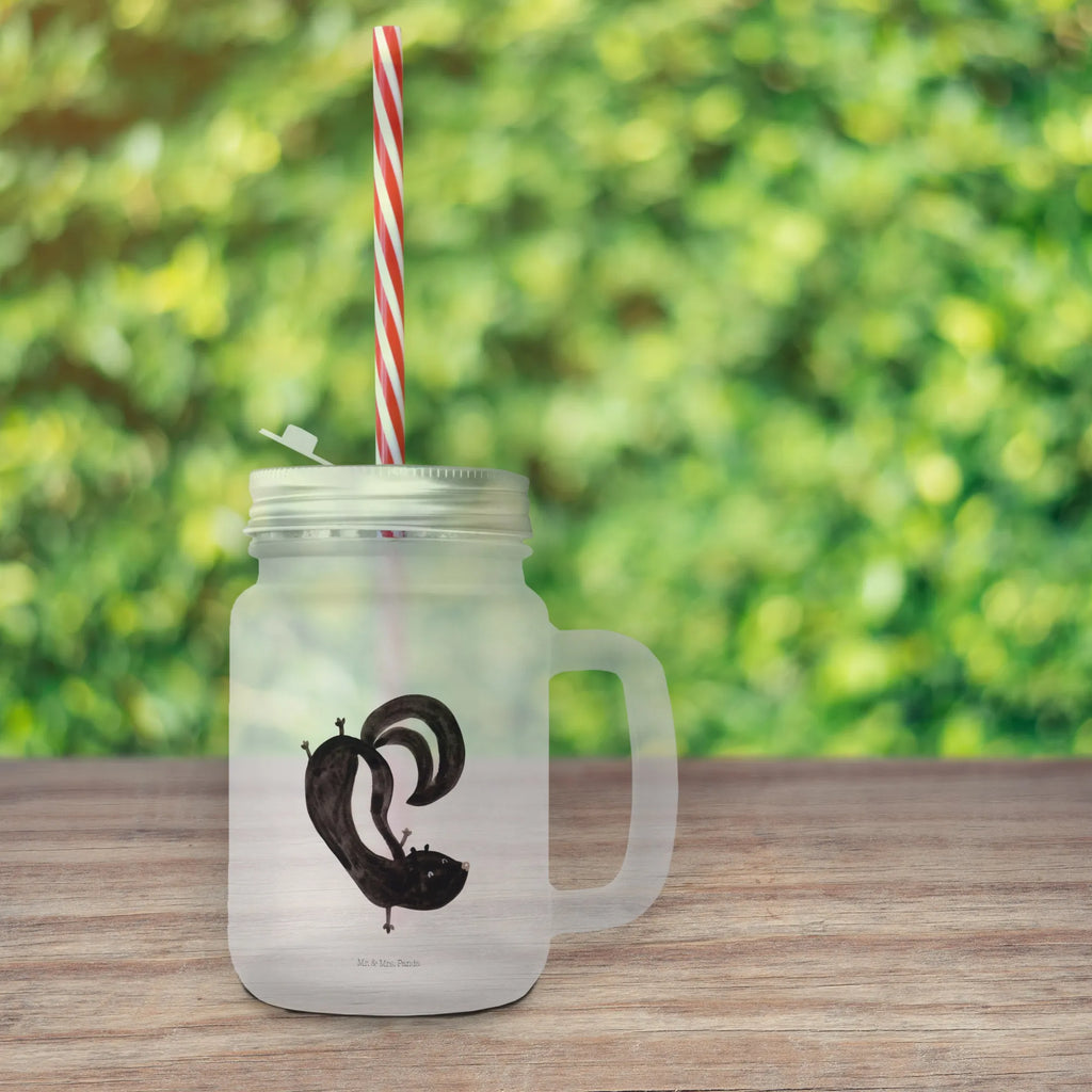 Mason jar drinking glass skunk handstand Mason Jar, cocktail glass, handle glass, preserving glass, drinking glass, glass, summer glass, Skunk, skunk, playground, playful, child, predator, wild animal, stink