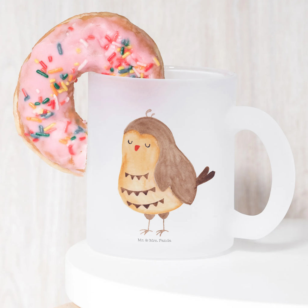 Glass tea cup Owl Satisfied glass, tea, mug, tea glass, Tea cup, owl, forest animal, bird, nocturnal, gift ideas, birthday present, illustrated, funny, romantic gift, owl decor, Pun funny, Owl saying, Owl, Saying beautiful, Wedding anniversary gift, Romantic, Love saying, Owl deco