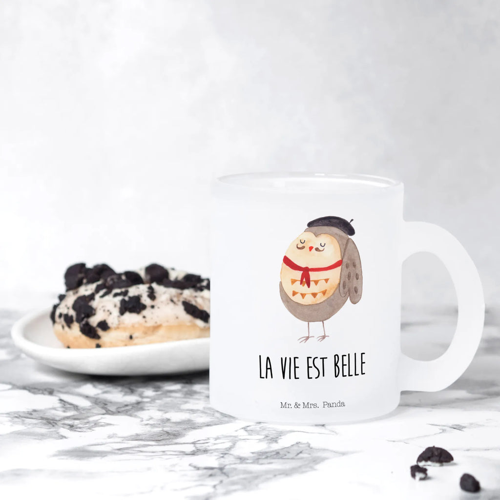 Glass tea cup Owl France tea, tea glass, mug, glass, Tea cup, owl, forest animal, bird, nocturnal, gift ideas, birthday present, illustrated, funny, romantic gift, owl decor, Owls, France, Owl, La vie est belle, Say beautiful, Owl decoration, hibou, Life is beautiful, Say French