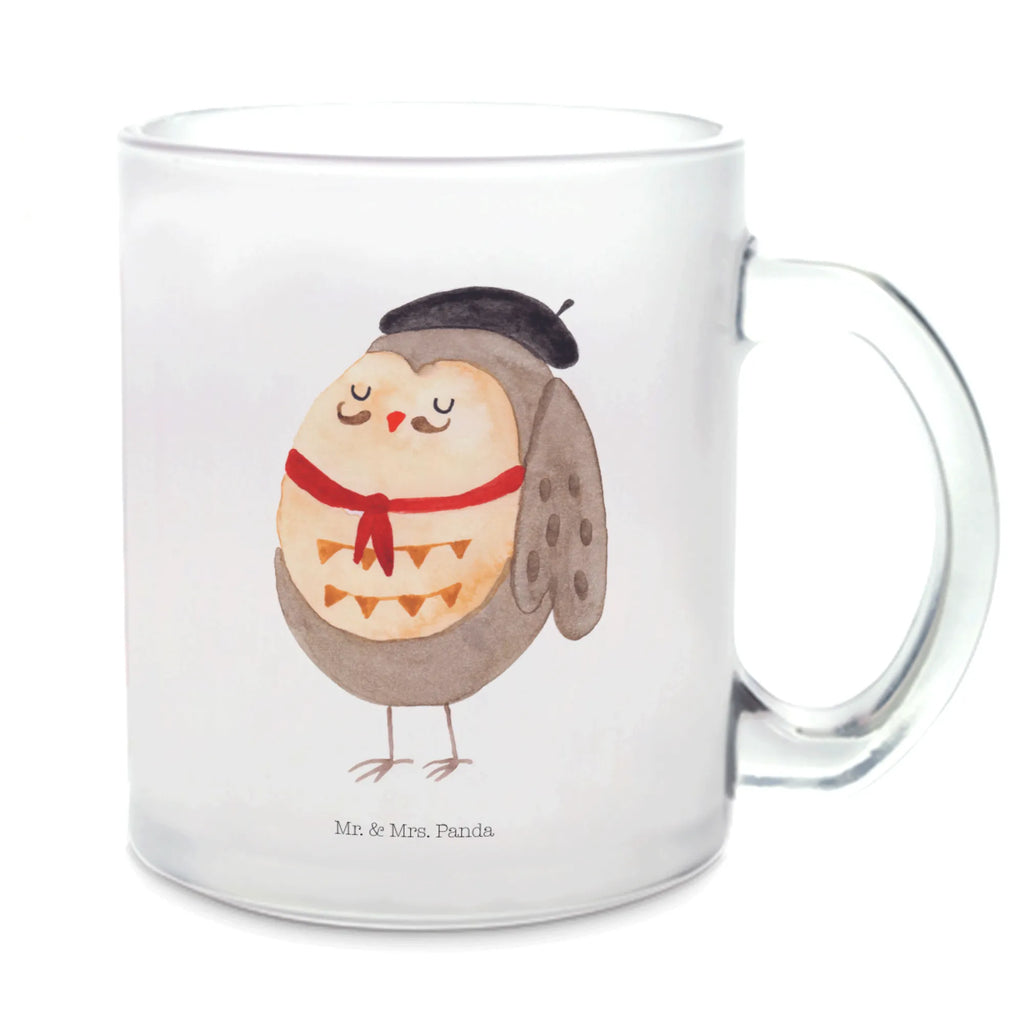 Glass tea cup Owl France tea, tea glass, mug, glass, Tea cup, owl, forest animal, bird, nocturnal, gift ideas, birthday present, illustrated, funny, romantic gift, owl decor, Owls, France, Owl, La vie est belle, Say beautiful, Owl decoration, hibou, Life is beautiful, Say French