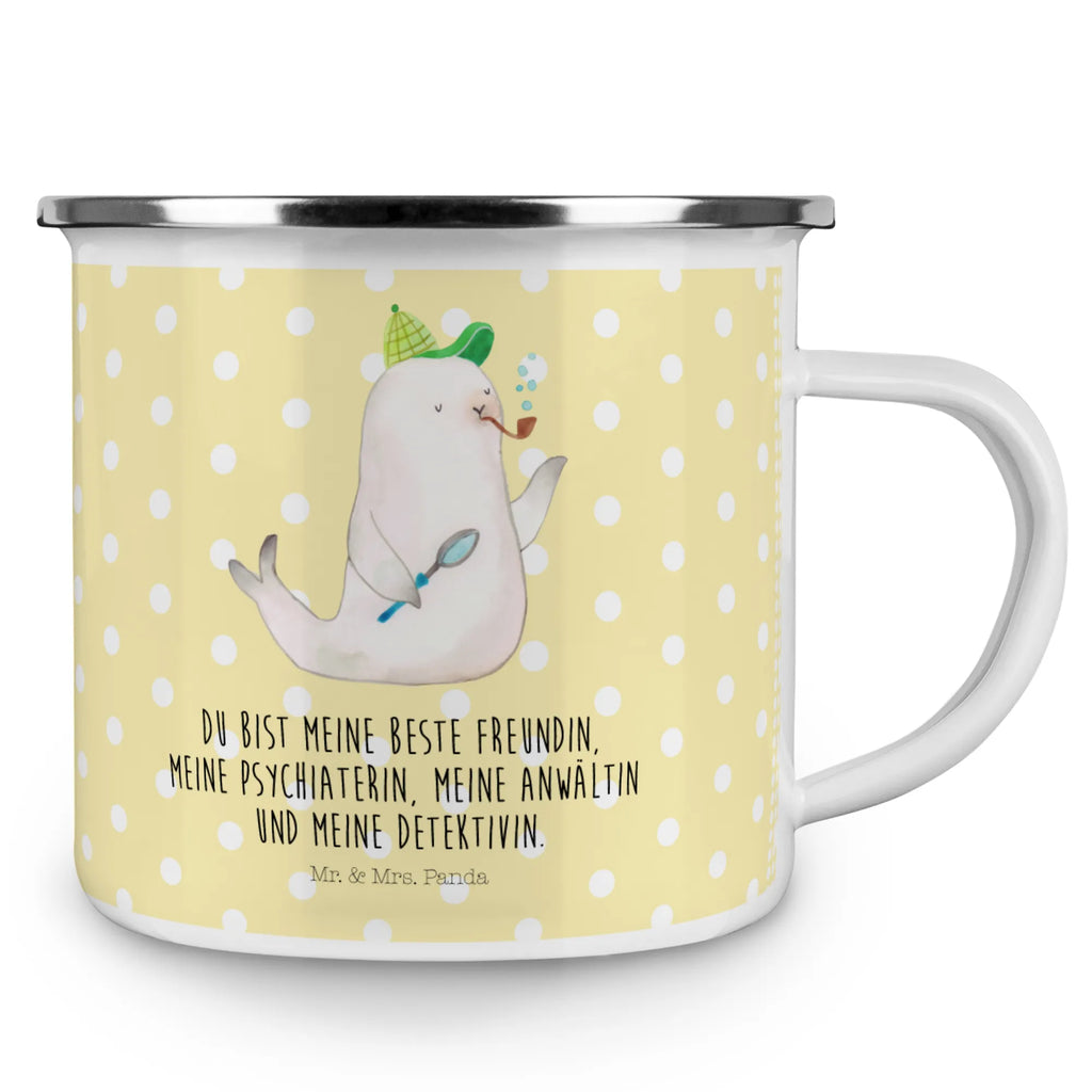 Kempingowy kubek emaliowany foka Sherlock Motywy zwierzęce, dobra energia, zabawne powiedzonka, zwierzęta