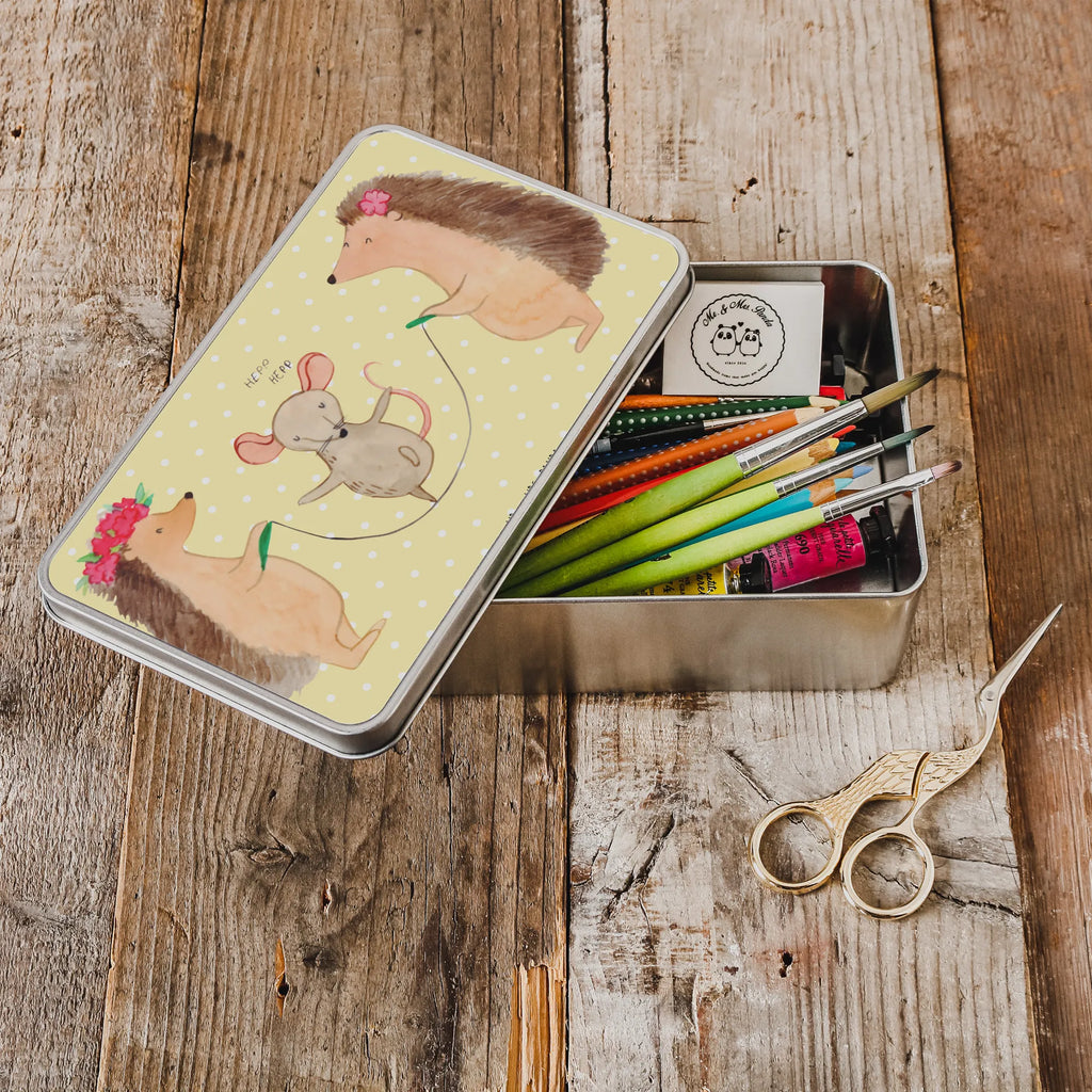 Metal tin Hedgehog skipping storage box, tin box, lock-up box, tins, cookie tin, storage tin, aluminium tin, Tin can, lunch box, metal box, container, small animals, cute, funny, cute animal motives, hand drawn, small world, funny sayings, good mood, happy, gifts, gift ideas, special gifts, animal lover, card, kindergarten, rope skipping, children, hedgehog, mouse