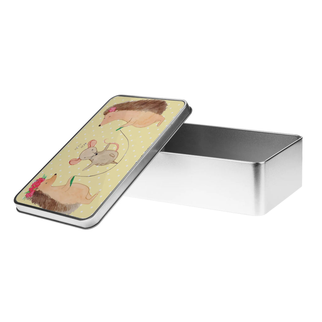 Metal tin Hedgehog skipping storage box, tin box, lock-up box, tins, cookie tin, storage tin, aluminium tin, Tin can, lunch box, metal box, container, small animals, cute, funny, cute animal motives, hand drawn, small world, funny sayings, good mood, happy, gifts, gift ideas, special gifts, animal lover, card, kindergarten, rope skipping, children, hedgehog, mouse