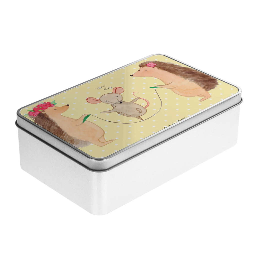Metal tin Hedgehog skipping storage box, tin box, lock-up box, tins, cookie tin, storage tin, aluminium tin, Tin can, lunch box, metal box, container, small animals, cute, funny, cute animal motives, hand drawn, small world, funny sayings, good mood, happy, gifts, gift ideas, special gifts, animal lover, card, kindergarten, rope skipping, children, hedgehog, mouse