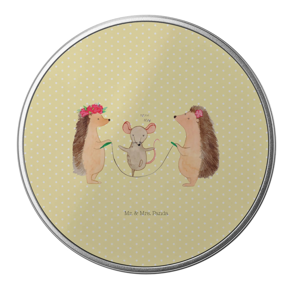 okrągła puszka z blachy jeż Skakanie na skakance Motywy zwierzęce, dobra energia, zabawne powiedzonka, zwierzęta