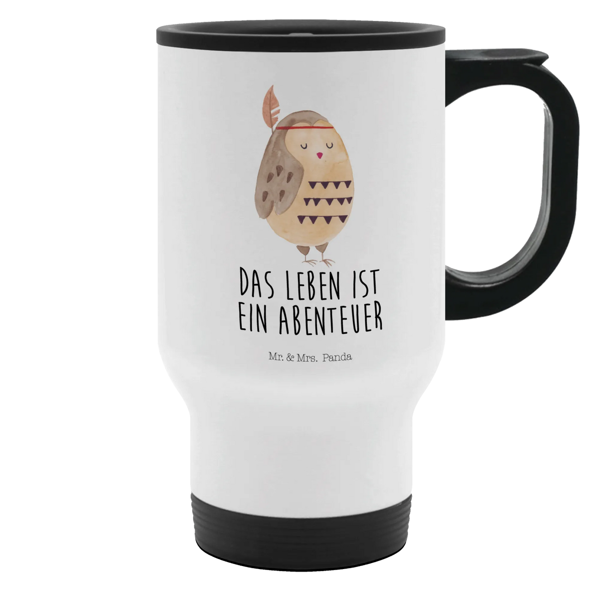 Insulated mug Owl feather headdress gift ideas, birthday present, forest animal, bird, nocturnal, illustrated, romantic gift, owl decor, Beautiful saying, Decoration, Indian saying, Feather decoration, Owl decoration, Life is an adventure, Travel saying