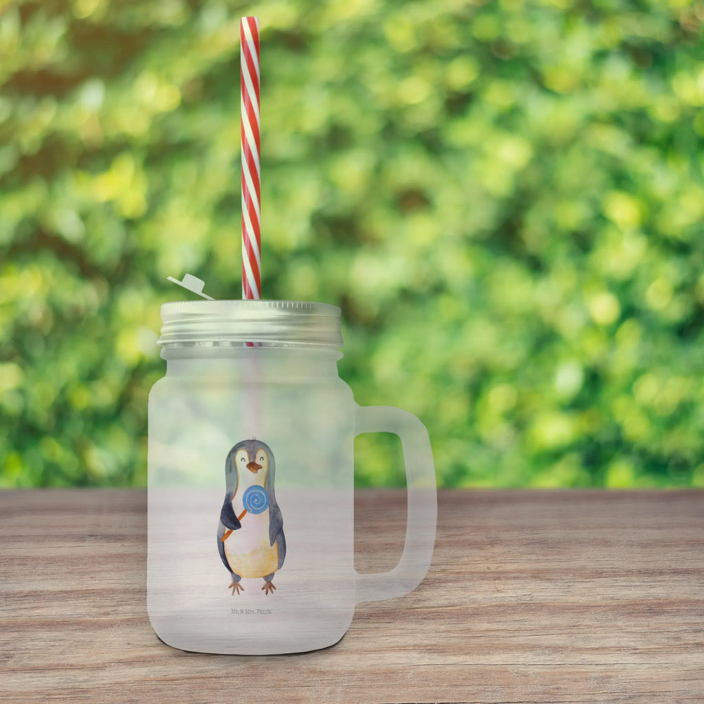 Mason jar drinking glass Penguin lollipop cocktail glass, glass, drinking glass, preserving glass, summer glass, Mason Jar, handle glass, Penguin, North Pole, Winter, Penguins, rebel, bullshit, lollipop, hoodlum, crook, slogan, penguins, candy