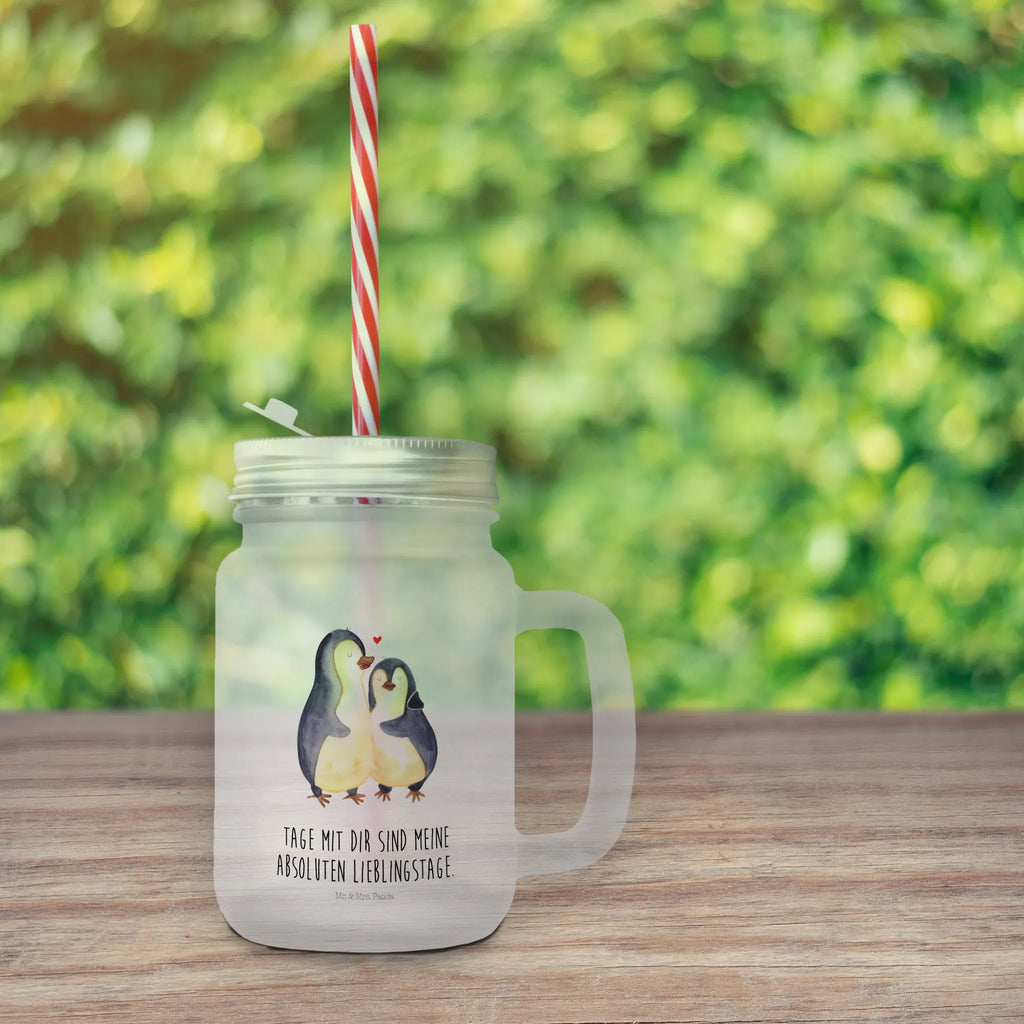 Mason jar drinking glass Penguin embrace handle glass, drinking glass, preserving glass, glass, cocktail glass, Mason Jar, summer glass, Penguin, North Pole, Winter, Penguins, proof of love, wedding, love gift, engagement, wedding day, love, lovers, wedding gift, penguin, anniversary