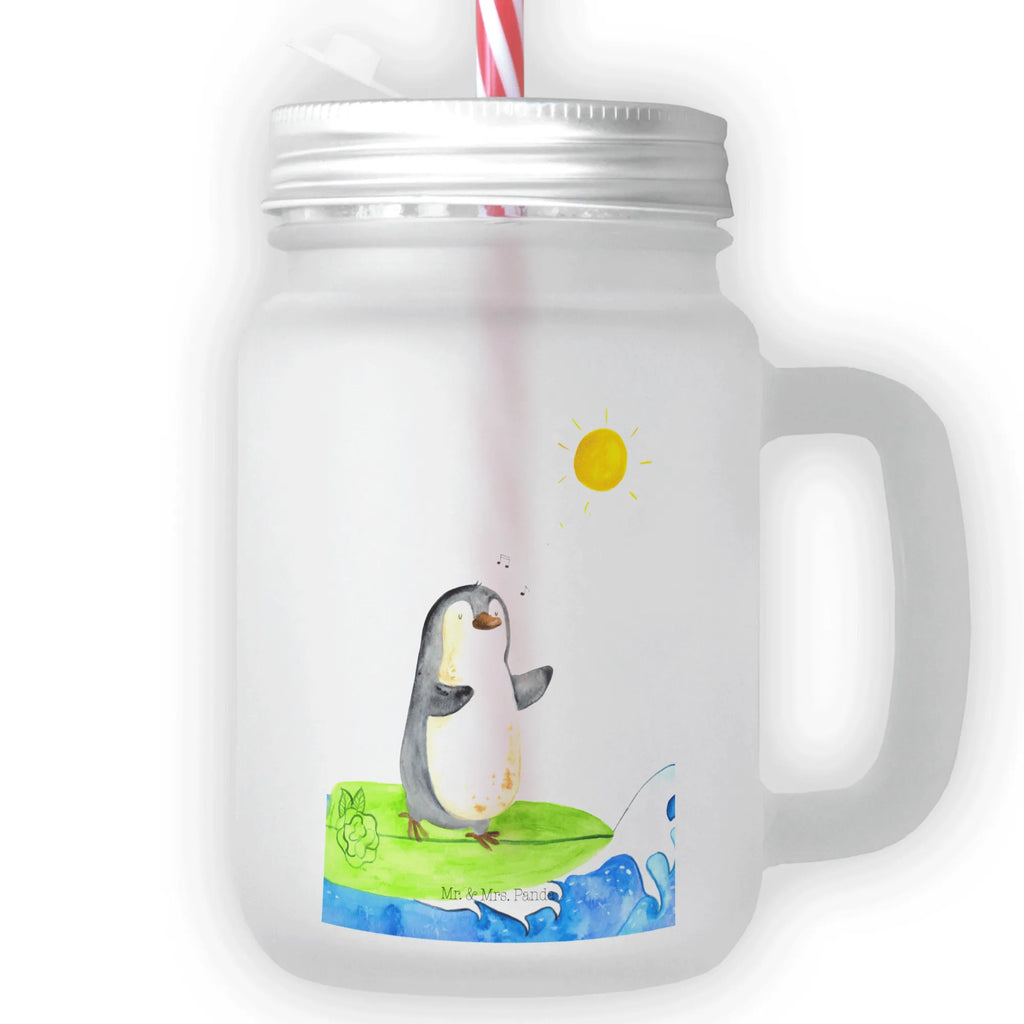 Mason jar drinking glass Penguin surfer summer glass, glass, handle glass, drinking glass, Mason Jar, cocktail glass, preserving glass, Penguin, North Pole, Winter, Penguins, penguins, waves, surfing, Portugal, surfers, holidays, Hawaii, wave riding