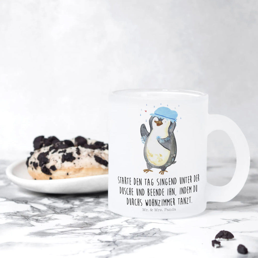 Glass tea cup Penguin have a shower tea, mug, Tea cup, tea glass, glass, Penguin, North Pole, Winter, Penguins, motivation, being happy, shower, life motto, new beginning, penguins, new start