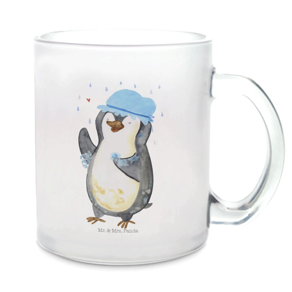 Glass tea cup Penguin have a shower tea, mug, Tea cup, tea glass, glass, Penguin, North Pole, Winter, Penguins, motivation, being happy, shower, life motto, new beginning, penguins, new start