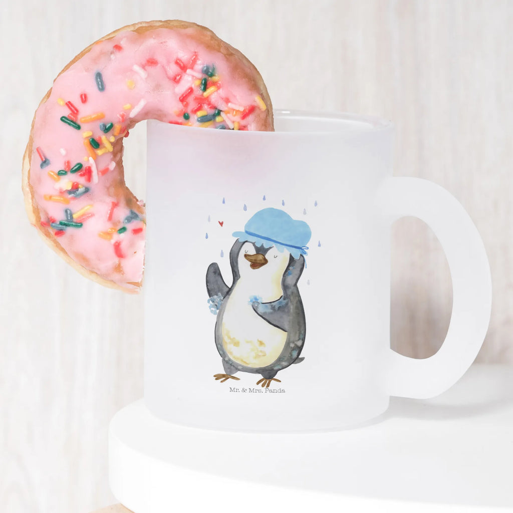 Glass tea cup Penguin have a shower tea, mug, Tea cup, tea glass, glass, Penguin, North Pole, Winter, Penguins, motivation, being happy, shower, life motto, new beginning, penguins, new start