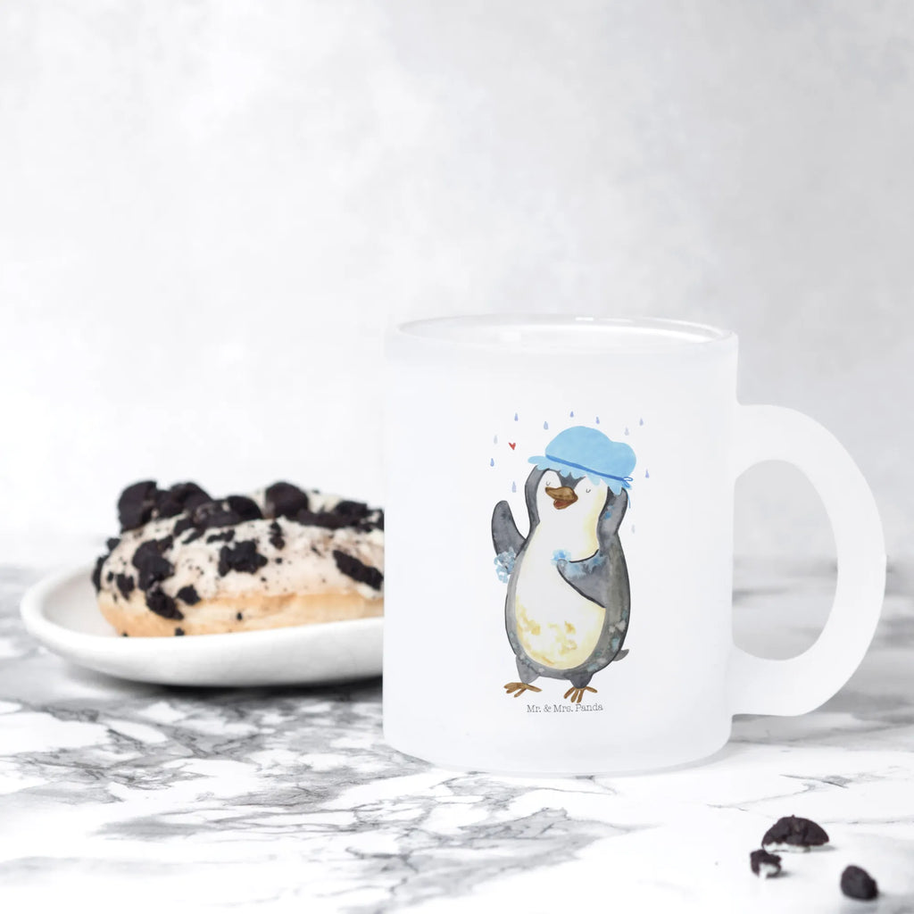 Glass tea cup Penguin have a shower tea, mug, Tea cup, tea glass, glass, Penguin, North Pole, Winter, Penguins, motivation, being happy, shower, life motto, new beginning, penguins, new start
