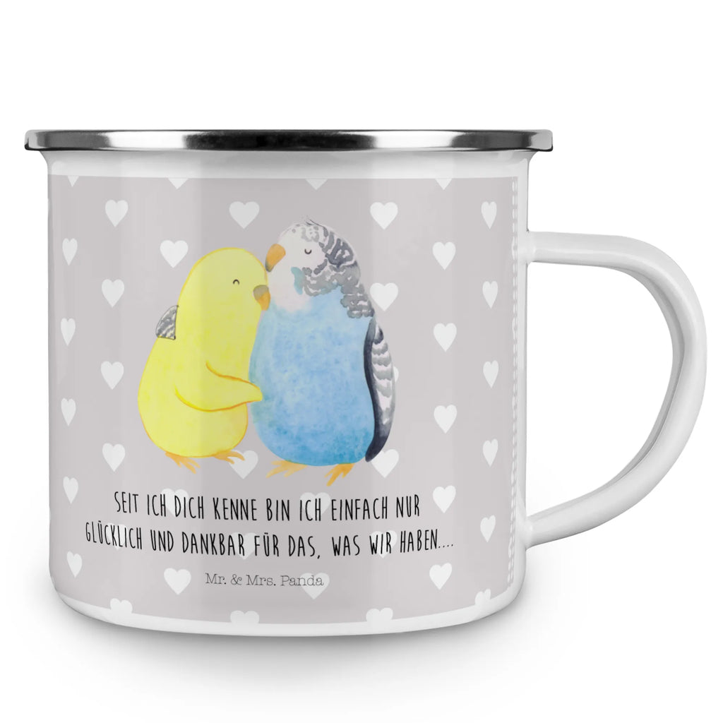 Enamel camping mug Parakeets in love backpacking mug, camp coffee mug, stainless steel drinking cup, metal cup, lightweight camping mug, campfire mug, metal camping mug, steel mug for camping, bushcraft mug, enamel drinking mug, camping mug, enamel mug, tin coffee cup, travel mug, hiking mug, outdoor cup, camping metal cup, enamel camping cup, adventure mug, camper mug, Love, Loving, Two, Together, Marriage, Engagement, Proposal of marriage, Love gift, gift for her, gift for him, anniversary gift, budgie, love, trust, birds, closeness, cuddling