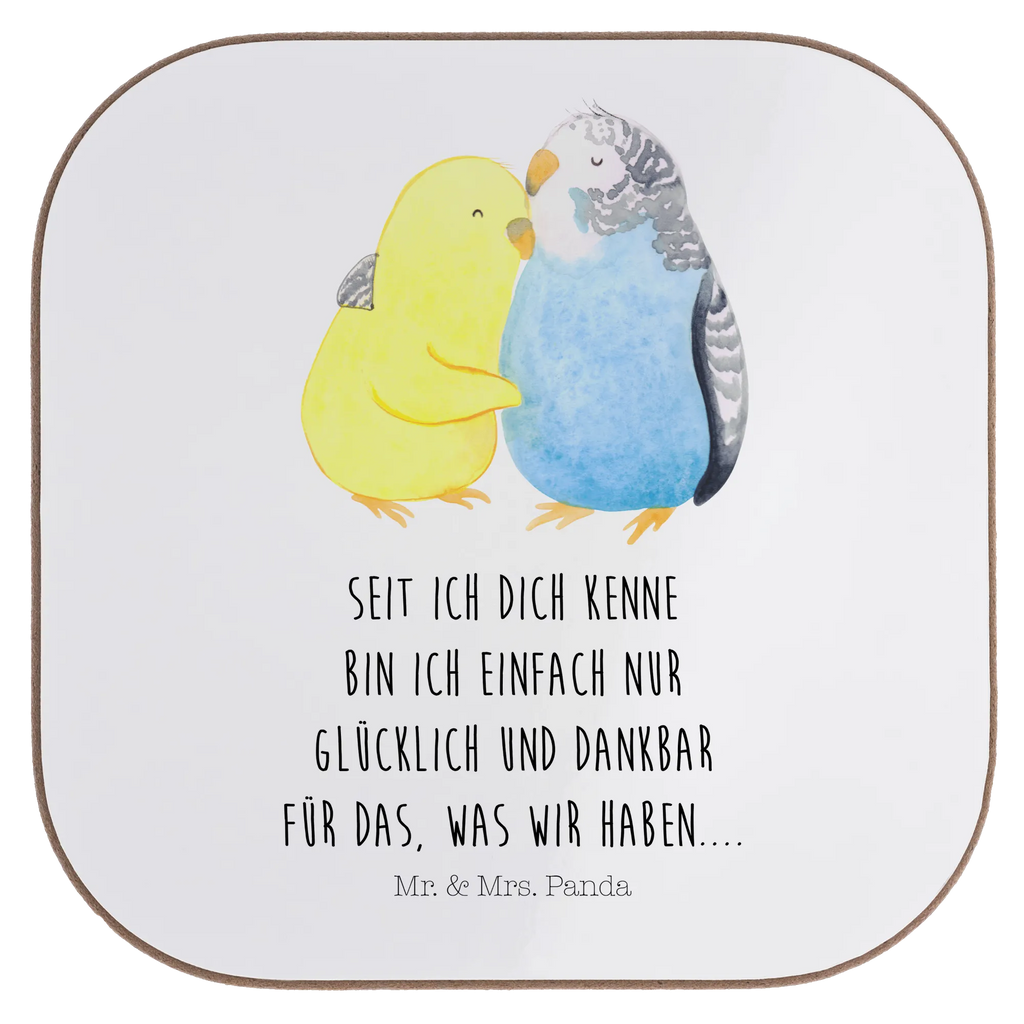 Square coaster Parakeets in love gift, party, glass coasters, breakfast, presents, gifts, Coasters, Love, Loving, Two, Together, Marriage, Engagement, Proposal of marriage, Love gift, gift for her, gift for him, anniversary gift, budgie, trust, birds, closeness, cuddling, love