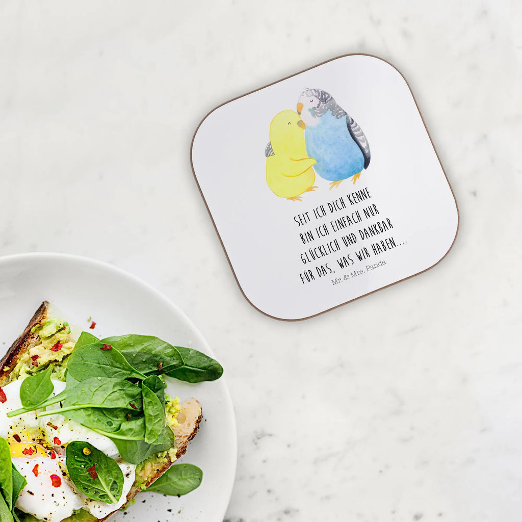 Square coaster Parakeets in love gift, party, glass coasters, breakfast, presents, gifts, Coasters, Love, Loving, Two, Together, Marriage, Engagement, Proposal of marriage, Love gift, gift for her, gift for him, anniversary gift, budgie, trust, birds, closeness, cuddling, love