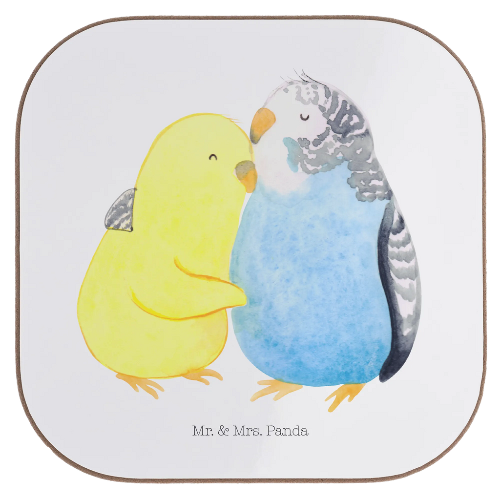 Square coaster Parakeets in love gift, party, glass coasters, breakfast, presents, gifts, Coasters, Love, Loving, Two, Together, Marriage, Engagement, Proposal of marriage, Love gift, gift for her, gift for him, anniversary gift, budgie, trust, birds, closeness, cuddling, love