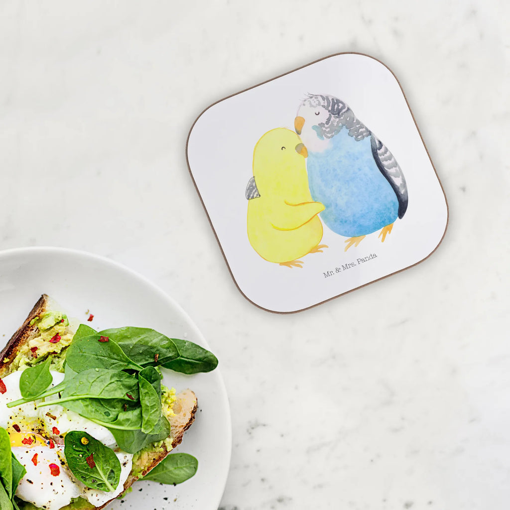 Square coaster Parakeets in love gift, party, glass coasters, breakfast, presents, gifts, Coasters, Love, Loving, Two, Together, Marriage, Engagement, Proposal of marriage, Love gift, gift for her, gift for him, anniversary gift, budgie, trust, birds, closeness, cuddling, love