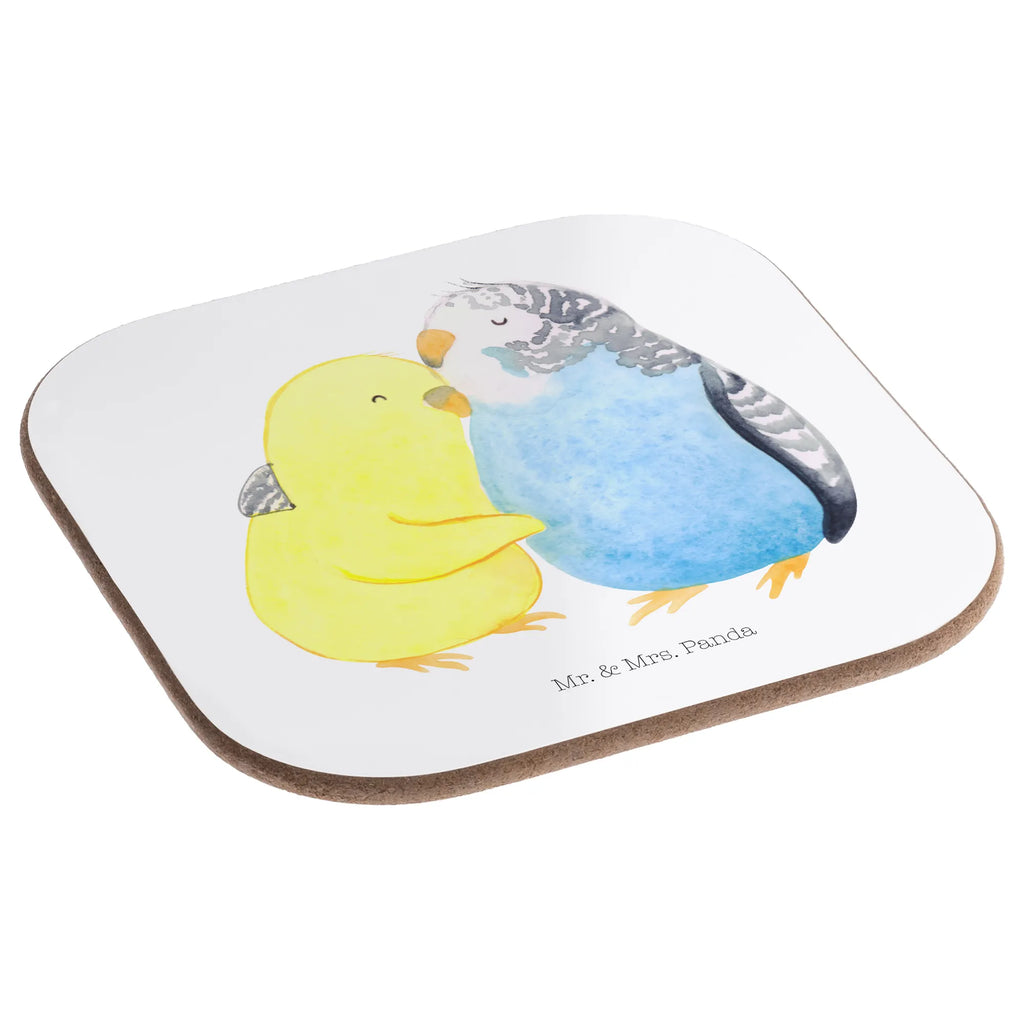 Square coaster Parakeets in love gift, party, glass coasters, breakfast, presents, gifts, Coasters, Love, Loving, Two, Together, Marriage, Engagement, Proposal of marriage, Love gift, gift for her, gift for him, anniversary gift, budgie, trust, birds, closeness, cuddling, love
