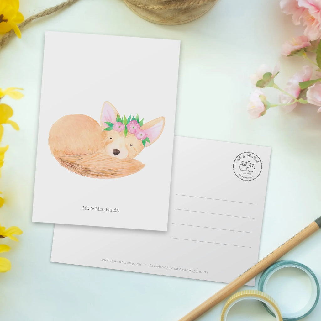 Postcard desert fox Flower Postcard, letter, postcards, invitation, gift, card, paper, gift card, invitation card, Africa, flowers, wreath of flowers, desert fox, happy, desert