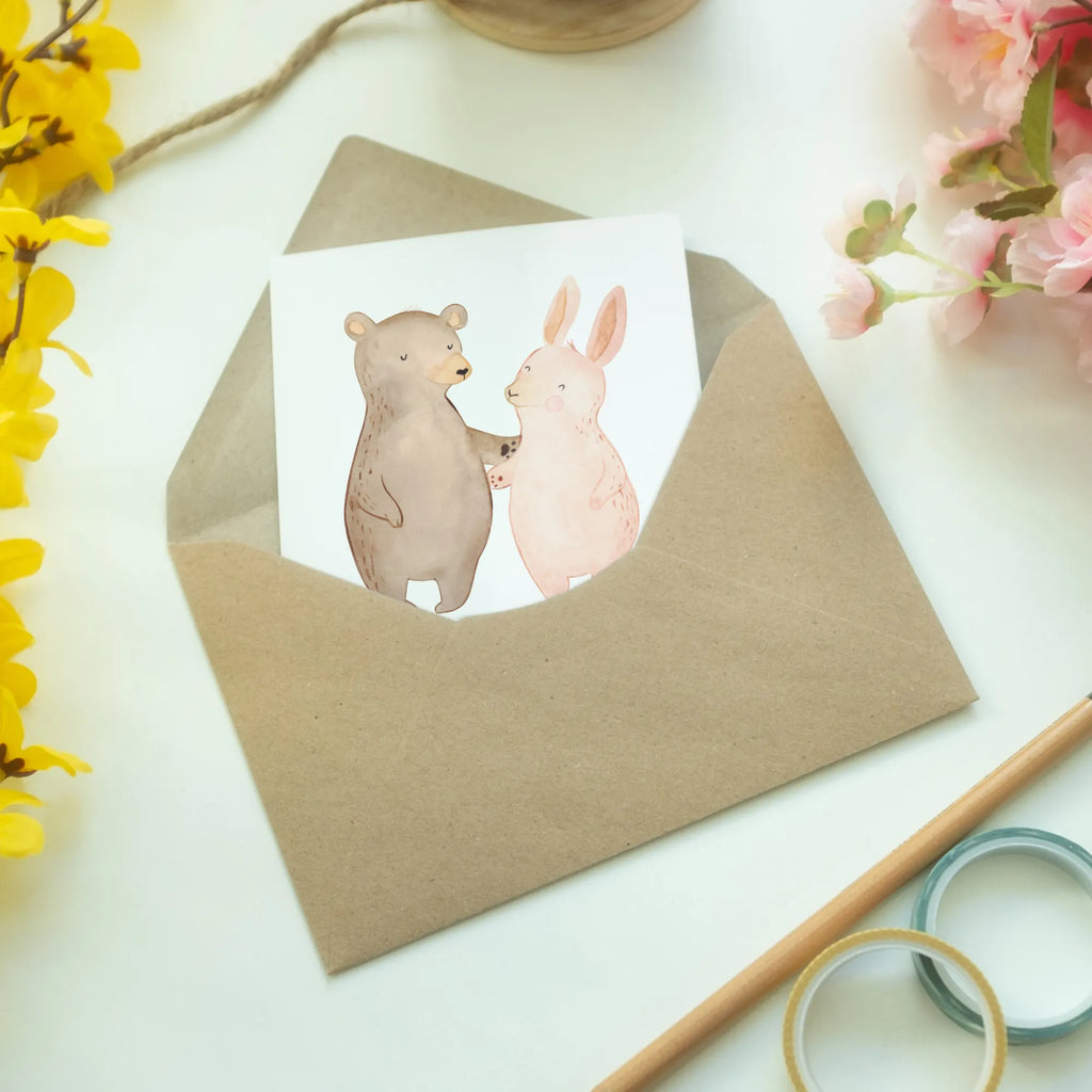 Greetings card bear and rabbit Embrace Hochzeitskarte, Ansichtskarten, Grußkarte, Karte, Geburtstagskarte, Klappkarte, Einladungskarte, Glückwunschkarte, Liebe, Partner, Freund, Freundin, Ehemann, Ehefrau, Heiraten, Verlobung, Heiratsantrag, Liebesgeschenk, Jahrestag, Hocheitstag, best friends, Bärchen, Bär, Freunde, bester Freund, Hase
