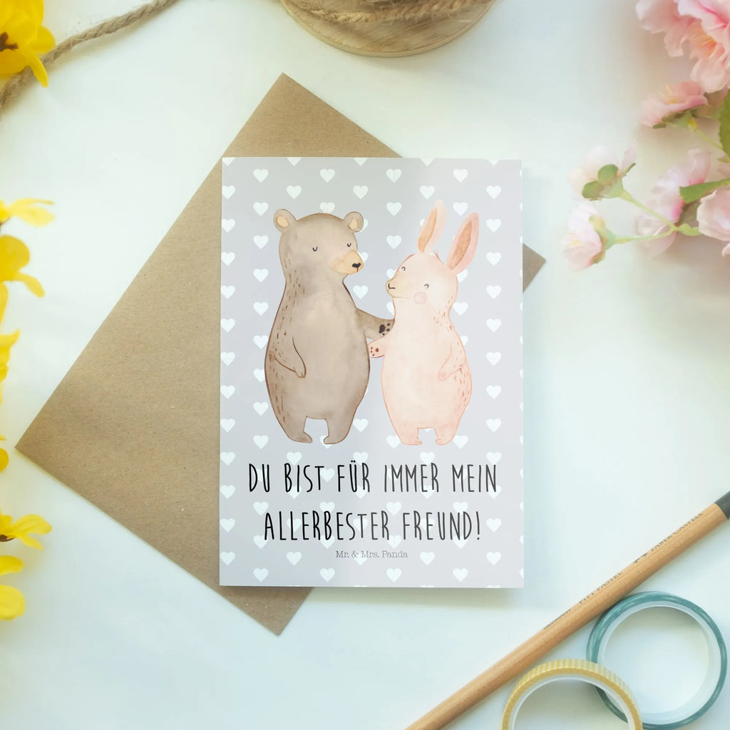 Greetings card bear and rabbit Embrace Hochzeitskarte, Ansichtskarten, Grußkarte, Karte, Geburtstagskarte, Klappkarte, Einladungskarte, Glückwunschkarte, Liebe, Partner, Freund, Freundin, Ehemann, Ehefrau, Heiraten, Verlobung, Heiratsantrag, Liebesgeschenk, Jahrestag, Hocheitstag, best friends, Bärchen, Bär, Freunde, bester Freund, Hase