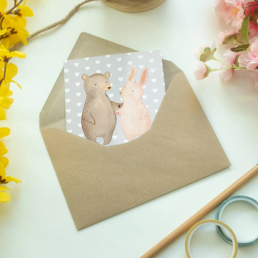 Greetings card bear and rabbit Embrace Hochzeitskarte, Ansichtskarten, Grußkarte, Karte, Geburtstagskarte, Klappkarte, Einladungskarte, Glückwunschkarte, Liebe, Partner, Freund, Freundin, Ehemann, Ehefrau, Heiraten, Verlobung, Heiratsantrag, Liebesgeschenk, Jahrestag, Hocheitstag, best friends, Bärchen, Bär, Freunde, bester Freund, Hase