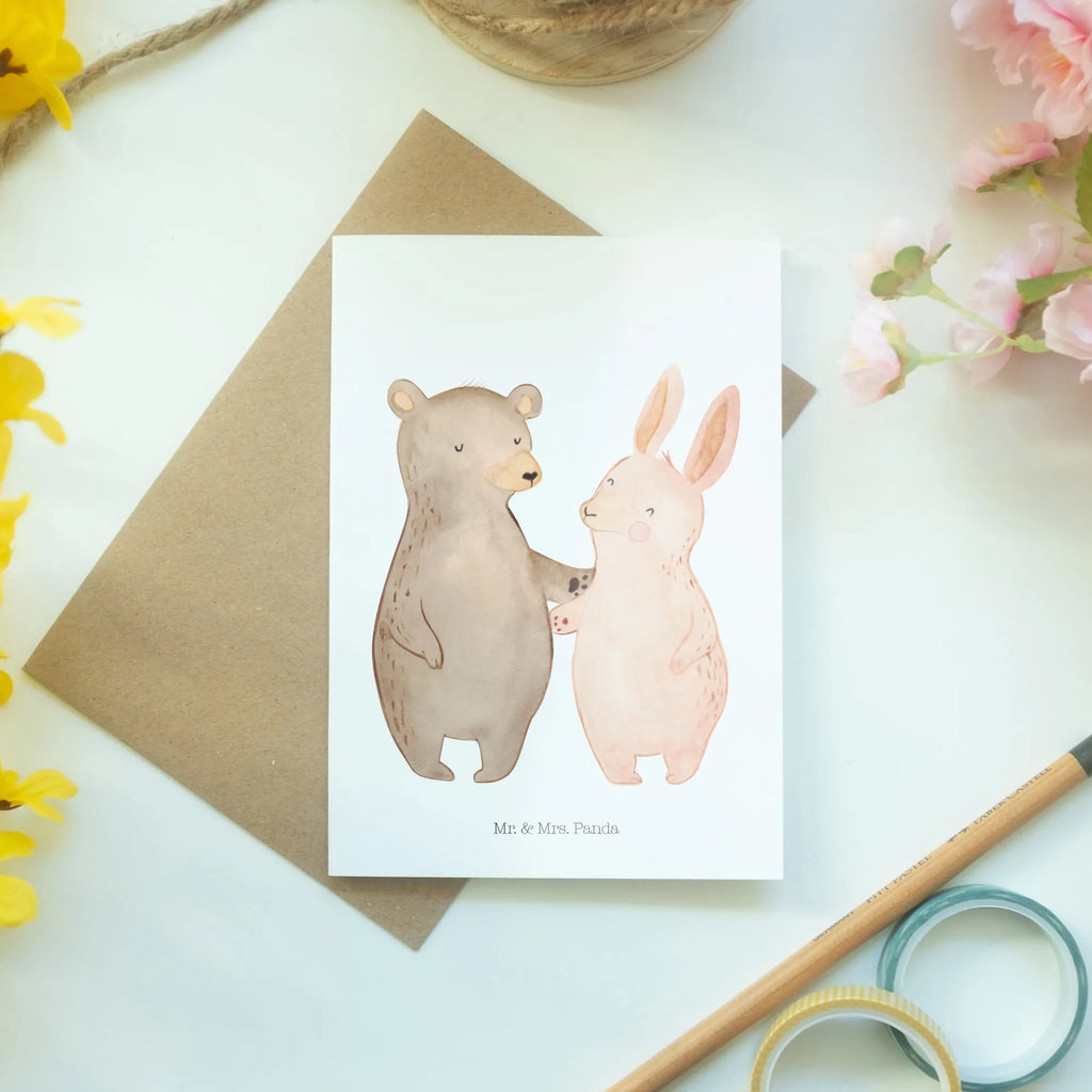 Greetings card bear and rabbit Embrace Hochzeitskarte, Ansichtskarten, Grußkarte, Karte, Geburtstagskarte, Klappkarte, Einladungskarte, Glückwunschkarte, Liebe, Partner, Freund, Freundin, Ehemann, Ehefrau, Heiraten, Verlobung, Heiratsantrag, Liebesgeschenk, Jahrestag, Hocheitstag, best friends, Bärchen, Bär, Freunde, bester Freund, Hase