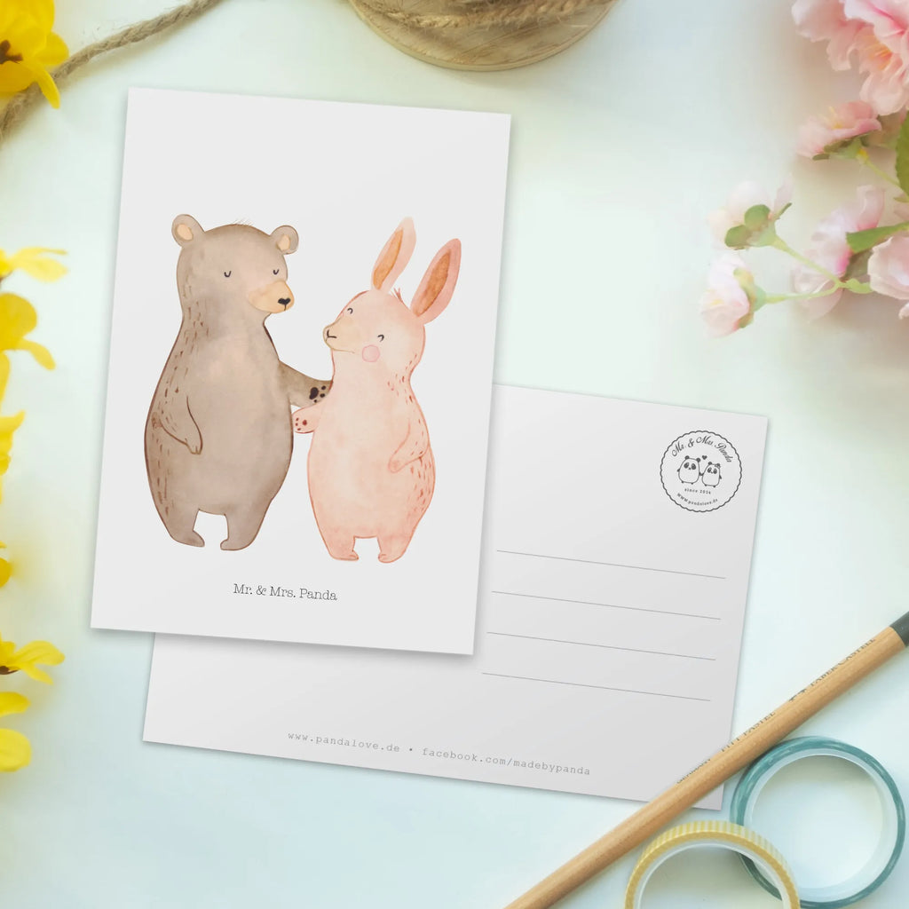 Postcard bear and rabbit Embrace Geschenkkarte, Geburtstagskarte, Einladungskarte, Postkarte, Ansichtskarte, Einladung Geburtstag, Ansichtskarten, Karte, Einladungskarten Geburtstag, Einladung, Dankeskarte, Grußkarte, Liebe, Partner, Freund, Freundin, Ehemann, Ehefrau, Heiraten, Verlobung, Heiratsantrag, Liebesgeschenk, Jahrestag, Hocheitstag, Freunde, Hase, Bärchen, best friends, Bär, bester Freund