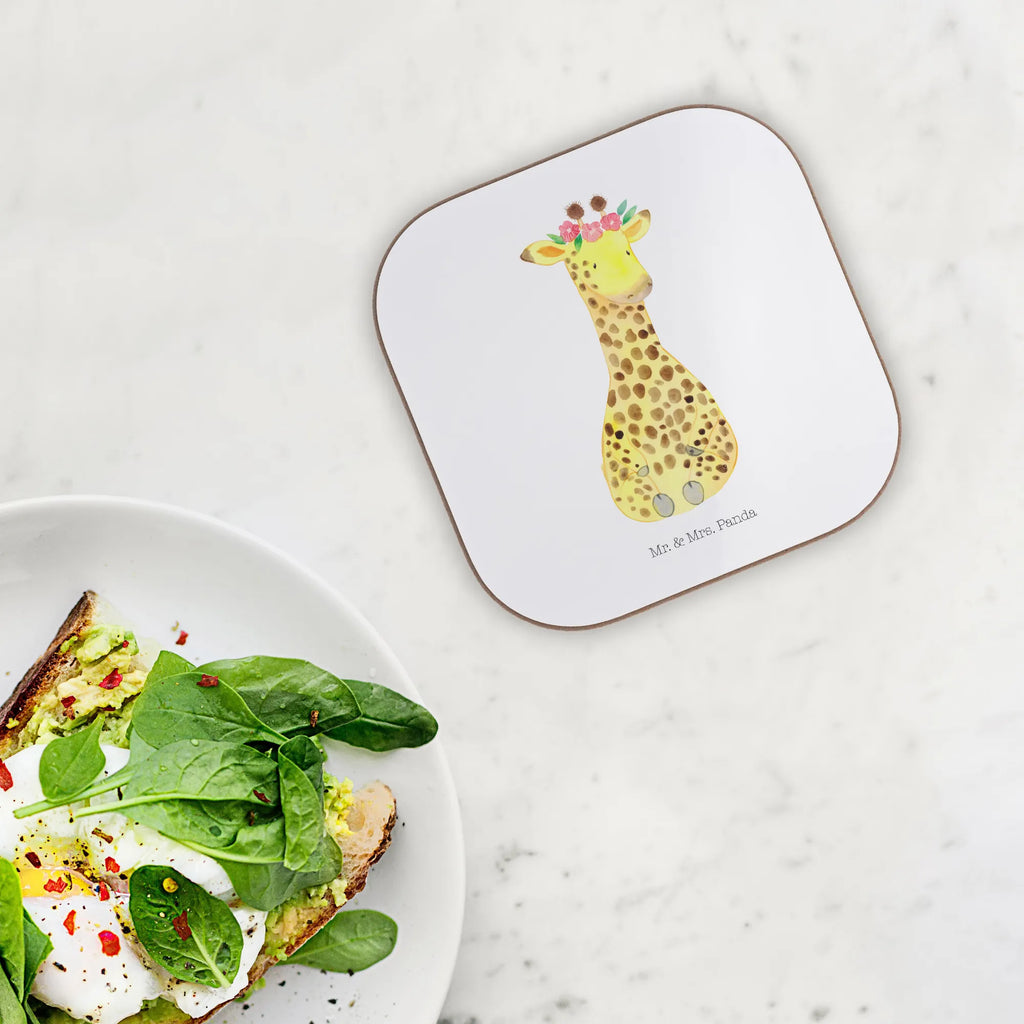 Square coaster giraffe flower wreath Coasters, breakfast, party, gifts, glass coasters, presents, gift, Africa, wreath of flowers, friend, giraffe, self-love, adventurer