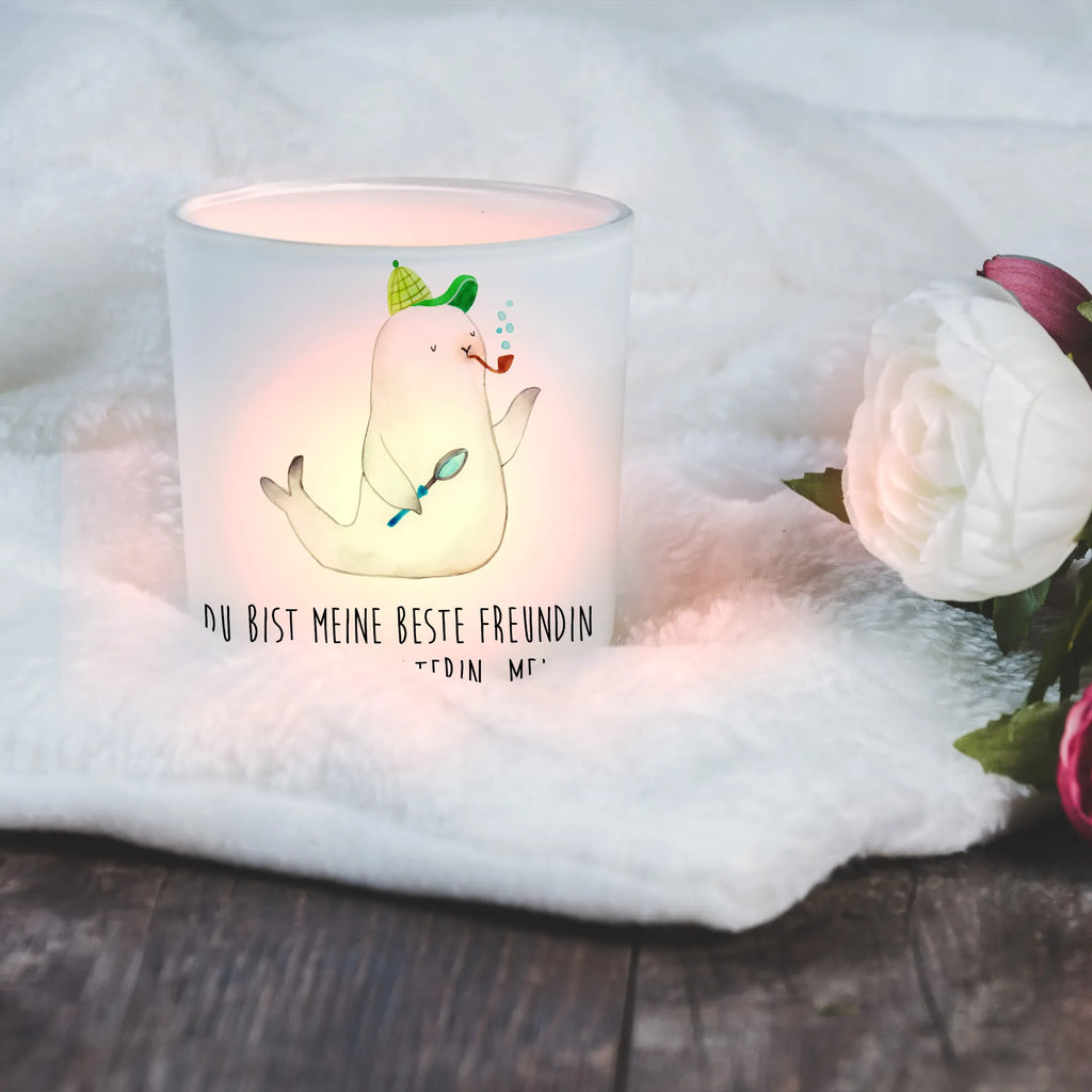 Lantern seal sherlock glass tealight, Wind light, tealight holder, small animals, cute, funny, cute animal motives, hand drawn, small world, funny sayings, good mood, happy, gifts, gift ideas, special gifts, animal lover, card