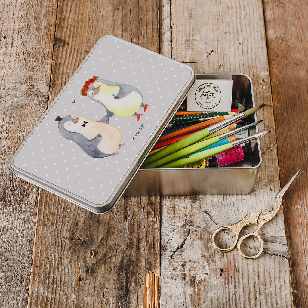 Metal tin Penguins getting married container, metal box, aluminium tin, storage box, tin box, Tin can, tins, storage tin, cookie tin, lock-up box, lunch box, Love, Loving, Two, Together, Marriage, Engagement, Proposal of marriage, Love gift, gift for her, gift for him, anniversary gift