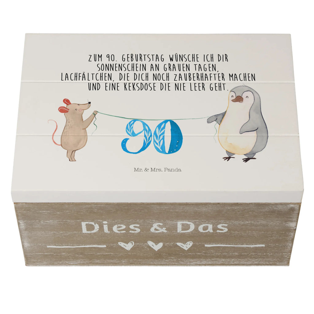 Holzkiste 90. Geburtstag Maus Pinguin Schatulle, Truhe, Geschenkdose, XXL, Kiste, Aufbewahrungsbox, Erinnerungskiste, Geschenkbox, Schatzkiste, Dekokiste, Erinnerungsbox, Holzkiste, Geburtstag, Geburtstagsgeschenk, Geschenk, Kuchen, Party, Torte, Feiern