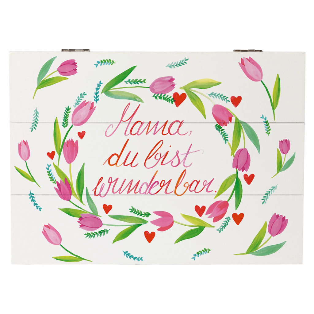 Skrzynia drewniana Mama Tulipany Erinnerungsbox, Aufbewahrungsbox, Dekokiste, Geschenkbox, Holzkiste, Erinnerungskiste, Geschenkdose, Kiste, Truhe, Schatzkiste, XXL, Schatulle, Blumen Deko, Frühlings Deko, Sommer Deko, Dekoration, positive Botschaft, Naturliebhaber, Outdoor, Natur, Abenteuer, Mom, Mutti, Mutter, Mama, Mami