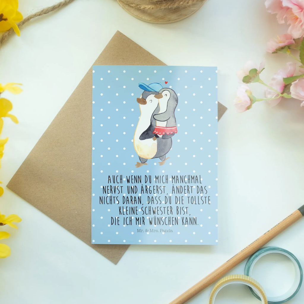 Kartka okolicznościowa Pingwinek Mała Siostra osterkarten, Glückwunschkarte, osterkarte, jubiläumskarte, kommunionskarte, Grußkarten, neujahrskarte, vatertagskarte, weihnachtskarten, genesungskarte, babykarte, glückwunschkarten, einladungskarten, spruchkarte, Beileidskarte, firmungskarte, Klappkarte, Grußkarte, abiturkarte, hochzeitskarten, Motivkarte, dankeskarten, valentinstagskarte, Bruder, Vatertag, Mama, Papa, Muttertag, Oma, Opa, Familie, Schwester