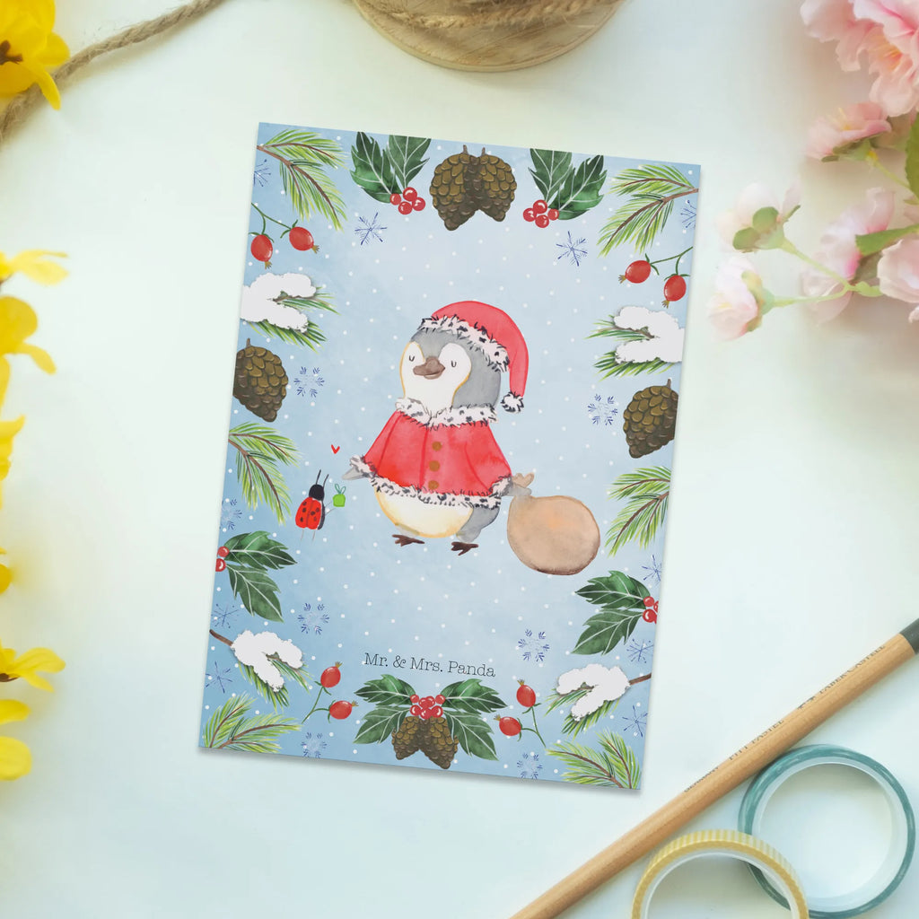 Pocztówka Pingwin Mikołaj Zima, Boże Narodzenie, dekoracje świąteczne, Mikołaj, Adwent, Wigilia, zimowy motyw