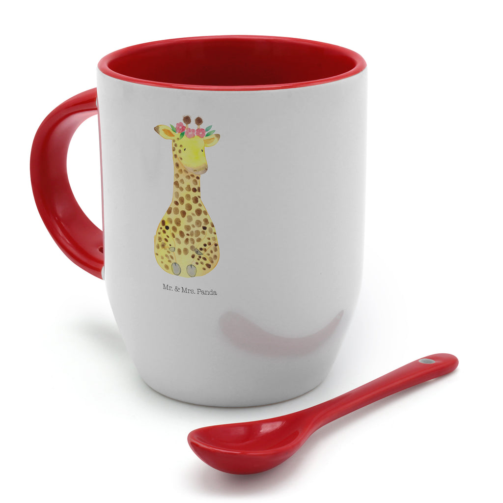 Tasse mit Löffel Giraffe Blumenkranz Tasse, Kaffeetasse, Tassen, Tasse mit Spruch, Kaffeebecher, Tasse mit Löffel, Afrika, Wildtiere, Giraffe, Blumenkranz, Abenteurer, Selbstliebe, Freundin