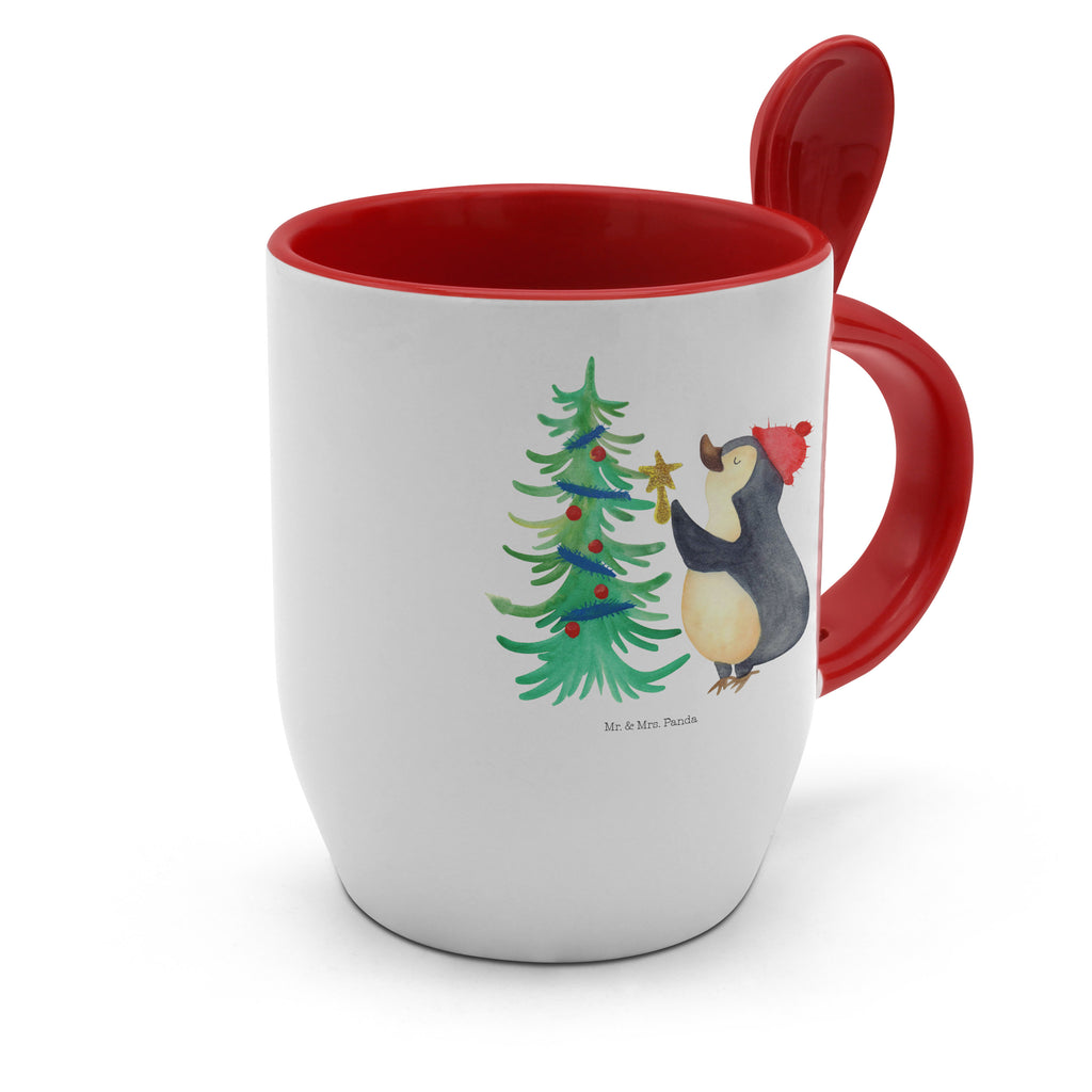 Tasse mit Löffel Pinguin Weihnachtsbaum Tasse, Kaffeetasse, Tassen, Tasse mit Spruch, Kaffeebecher, Tasse mit Löffel, Winter, Weihnachten, Weihnachtsdeko, Nikolaus, Advent, Heiligabend, Wintermotiv, Pinguin