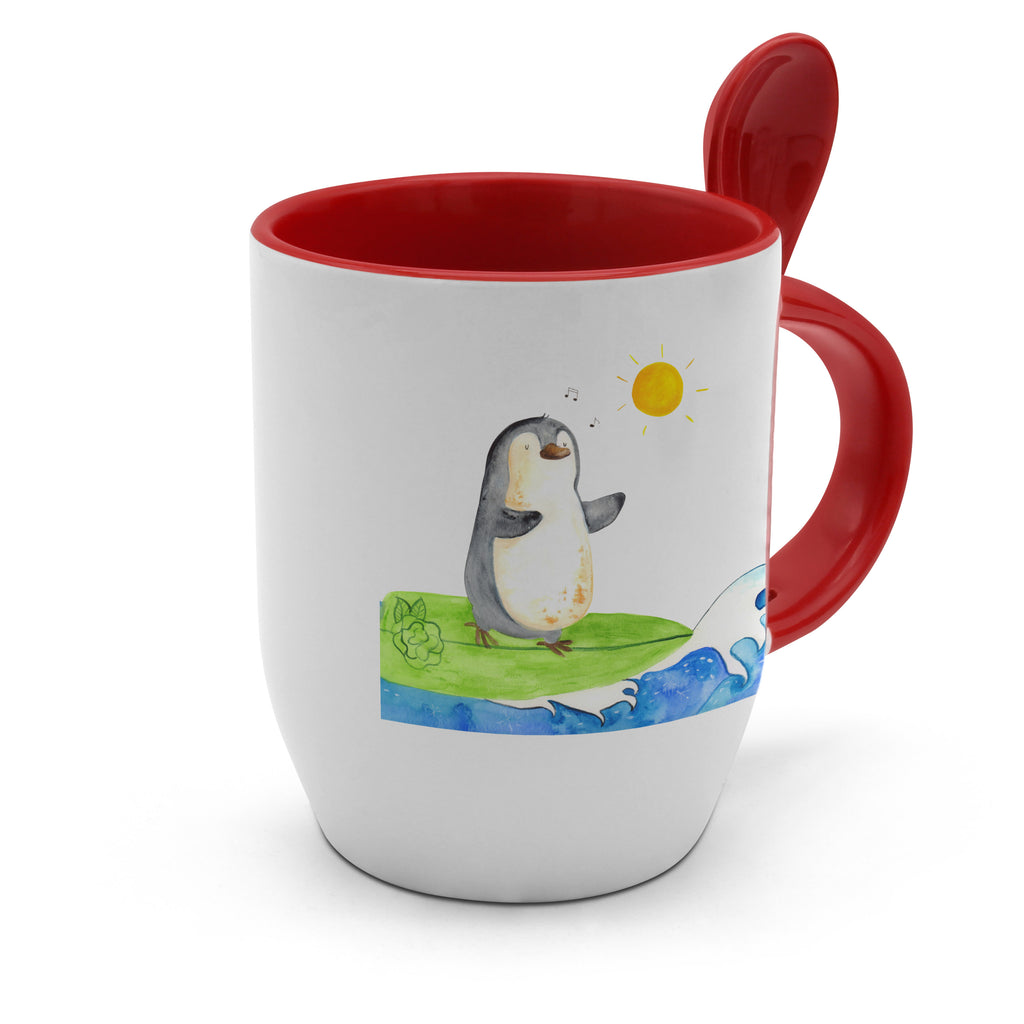 Tasse mit Löffel Pinguin Surfer Tasse, Kaffeetasse, Tassen, Tasse mit Spruch, Kaffeebecher, Tasse mit Löffel, Pinguin, Pinguine, surfen, Surfer, Hawaii, Urlaub, Wellen, Wellen reiten, Portugal