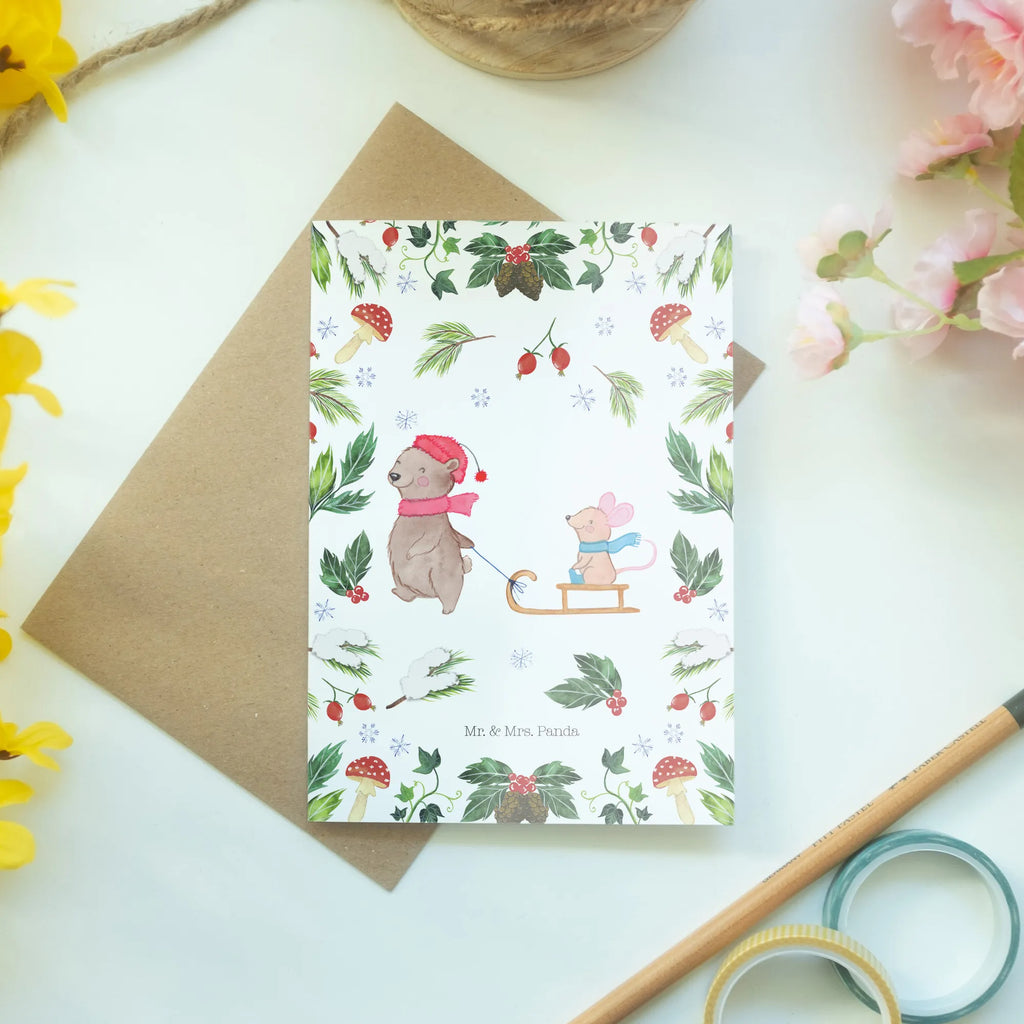Kartka okolicznościowa Niedźwiedź i Mysz sanie Ansichtskarten, Geburtstagskarte, Klappkarte, Einladungskarte, Grußkarte, Karte, Glückwunschkarte, Hochzeitskarte, Winter, Weihnachten, Weihnachtsdeko, Nikolaus, Advent, Heiligabend, Wintermotiv